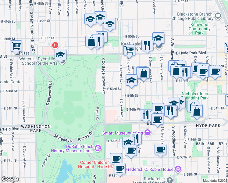 map of restaurants, bars, coffee shops, grocery stores, and more near 5307 South Maryland Avenue in Chicago