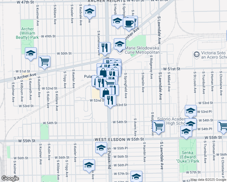 map of restaurants, bars, coffee shops, grocery stores, and more near 5201 South Pulaski Road in Chicago