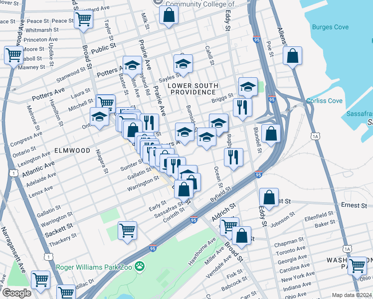 map of restaurants, bars, coffee shops, grocery stores, and more near 278 Thurbers Avenue in Providence