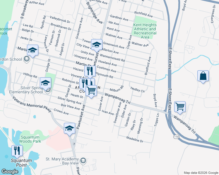 map of restaurants, bars, coffee shops, grocery stores, and more near 22 Commack Road in East Providence