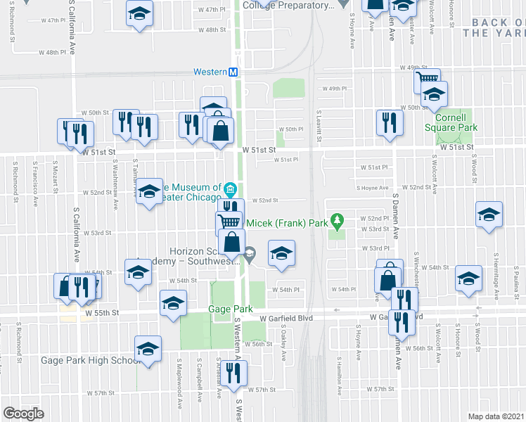 map of restaurants, bars, coffee shops, grocery stores, and more near 5215 South Western Boulevard in Chicago