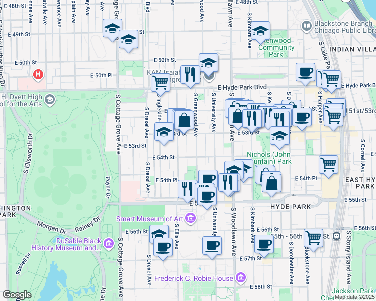 map of restaurants, bars, coffee shops, grocery stores, and more near 5336 South Greenwood Avenue in Chicago