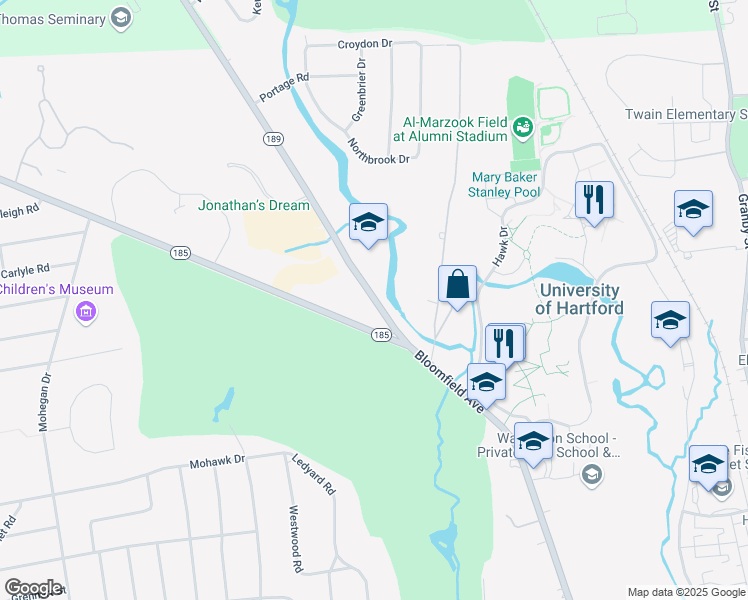 map of restaurants, bars, coffee shops, grocery stores, and more near 333 Bloomfield Avenue in West Hartford