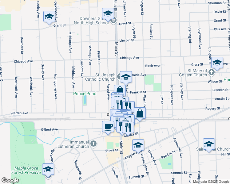 map of restaurants, bars, coffee shops, grocery stores, and more near 4832 Main Street in Downers Grove