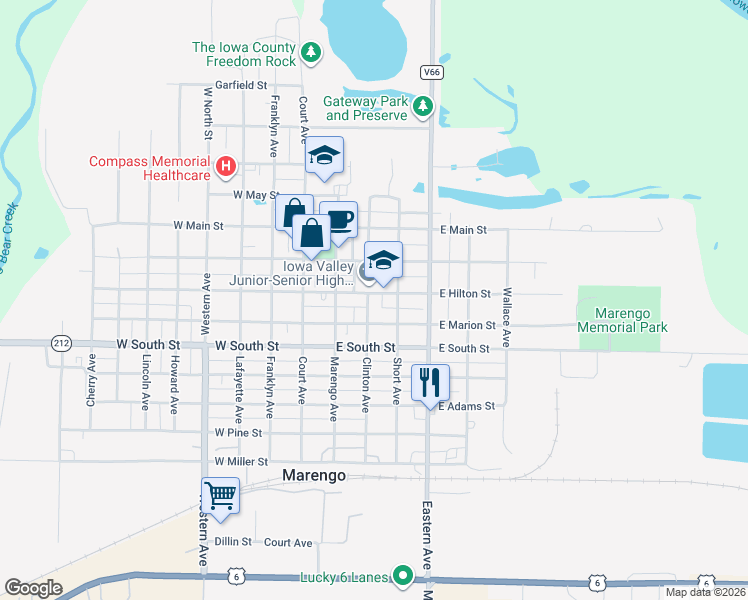 map of restaurants, bars, coffee shops, grocery stores, and more near 301-347 E Hilton St in Marengo