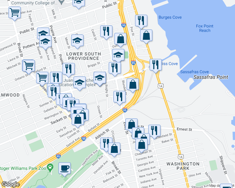 map of restaurants, bars, coffee shops, grocery stores, and more near 1055 Eddy Street in Providence