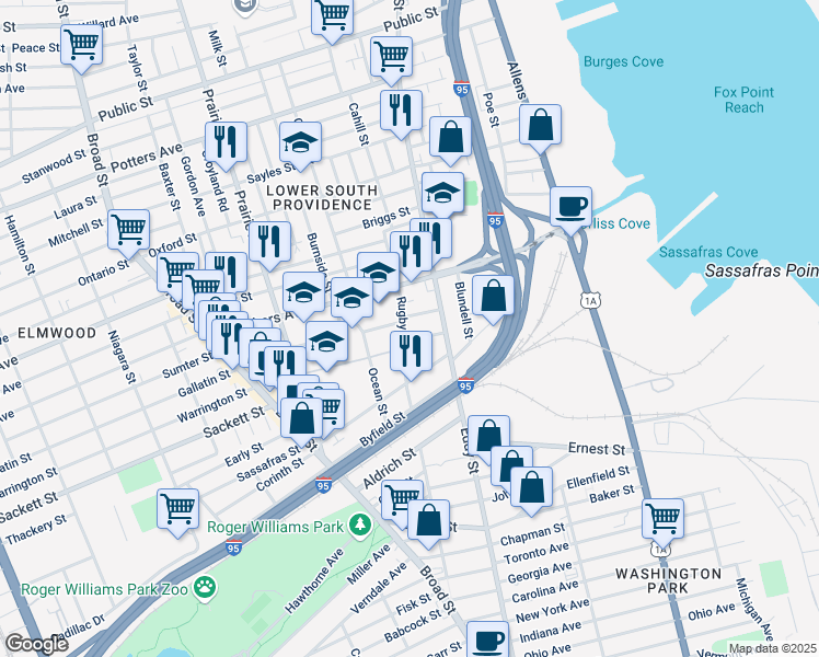 map of restaurants, bars, coffee shops, grocery stores, and more near 182 Thurbers Avenue in Providence