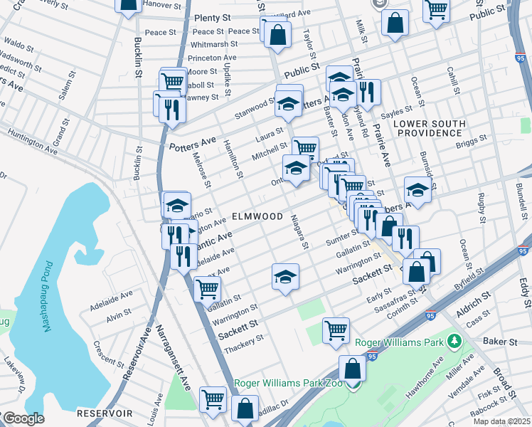 map of restaurants, bars, coffee shops, grocery stores, and more near 76 Lexington Avenue in Providence