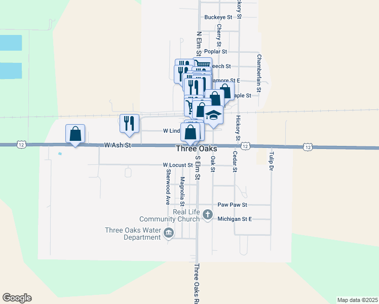map of restaurants, bars, coffee shops, grocery stores, and more near 8 West Ash Street in Three Oaks