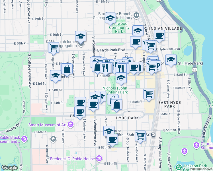 map of restaurants, bars, coffee shops, grocery stores, and more near 5318 South Kimbark Avenue in Chicago