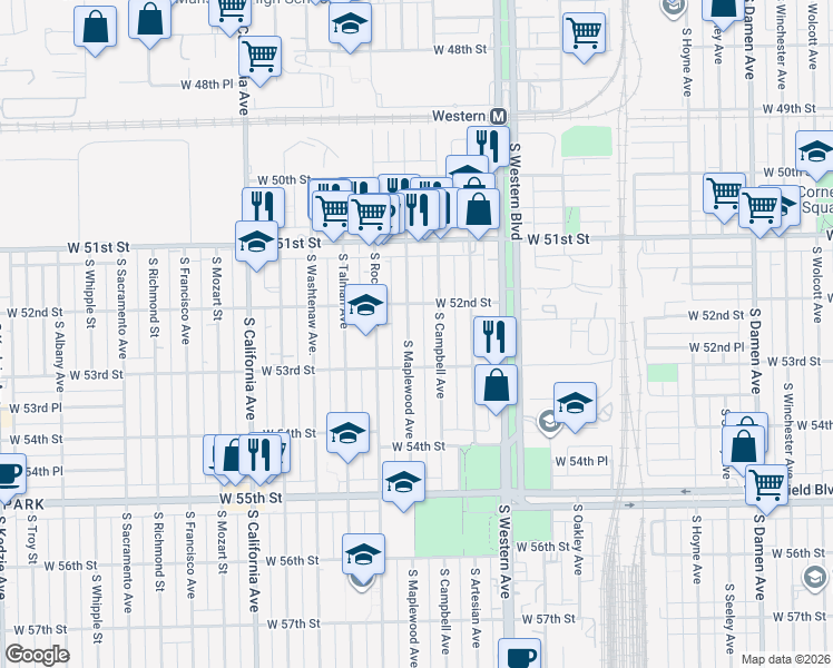 map of restaurants, bars, coffee shops, grocery stores, and more near 5204 South Campbell Avenue in Chicago