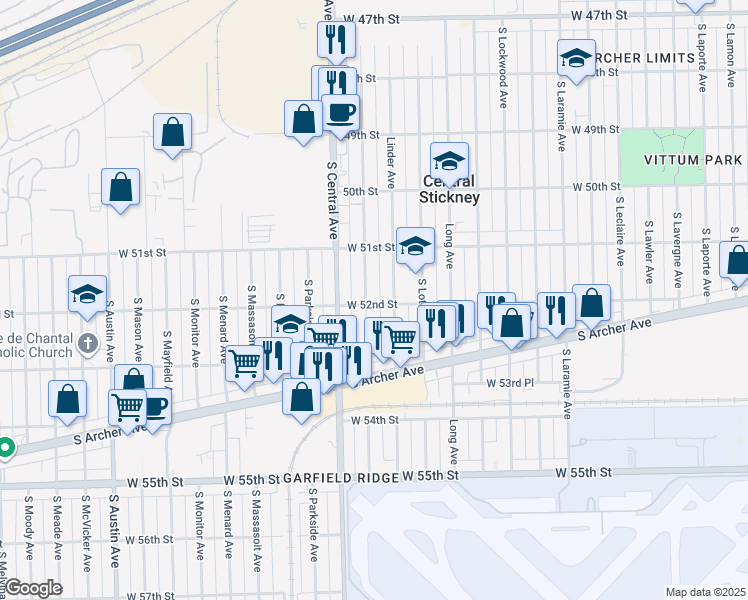 map of restaurants, bars, coffee shops, grocery stores, and more near 5138 South Linder Avenue in Chicago