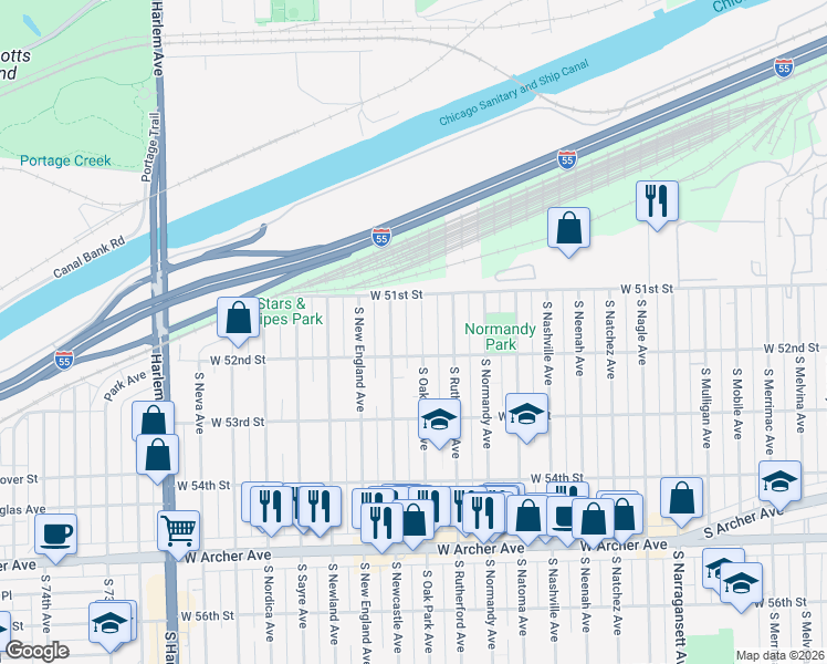 map of restaurants, bars, coffee shops, grocery stores, and more near 5114 South Oak Park Avenue in Chicago