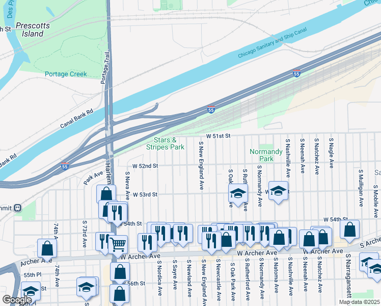 map of restaurants, bars, coffee shops, grocery stores, and more near 5115 South Newland Avenue in Chicago