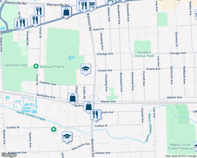 map of restaurants, bars, coffee shops, grocery stores, and more near 4803 Belmont Road in Downers Grove