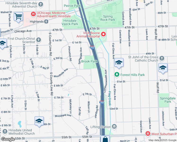 map of restaurants, bars, coffee shops, grocery stores, and more near 740 Woodside Avenue in Hinsdale