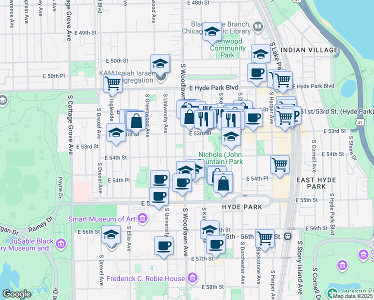 map of restaurants, bars, coffee shops, grocery stores, and more near 5335 South Woodlawn Avenue in Chicago