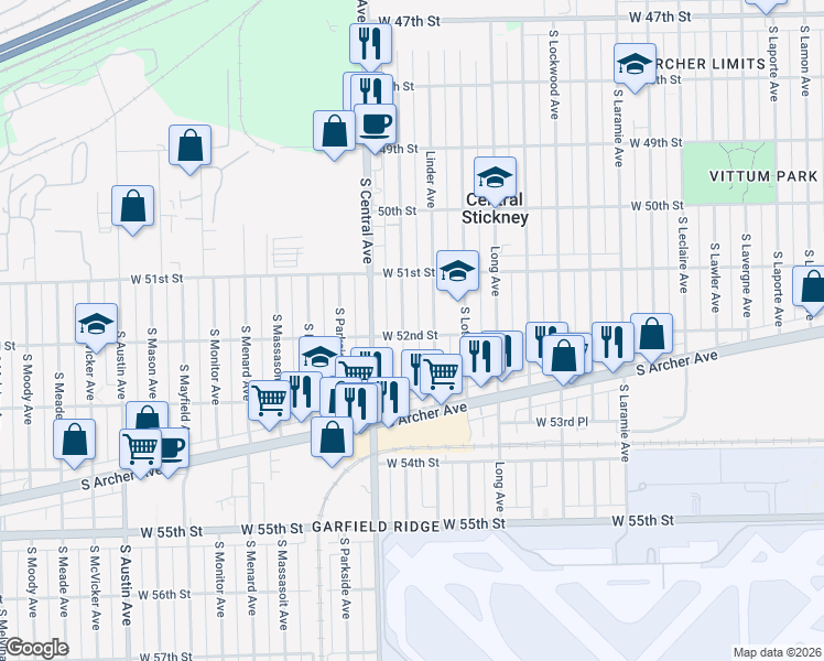 map of restaurants, bars, coffee shops, grocery stores, and more near 5138 South Linder Avenue in Chicago
