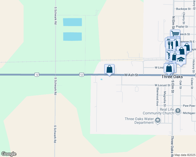map of restaurants, bars, coffee shops, grocery stores, and more near 6986 U.S. 12 in Three Oaks