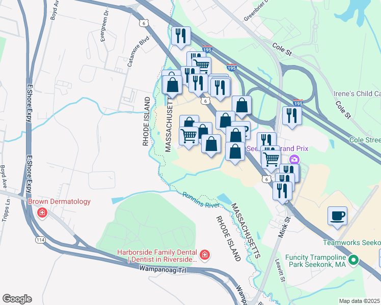 map of restaurants, bars, coffee shops, grocery stores, and more near 179 Highland Avenue in Seekonk