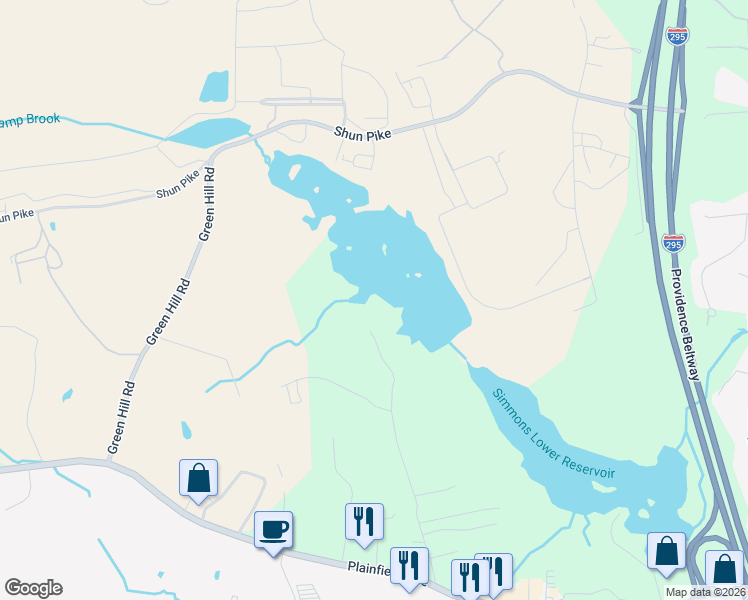 map of restaurants, bars, coffee shops, grocery stores, and more near 99 Taylor Road in Johnston