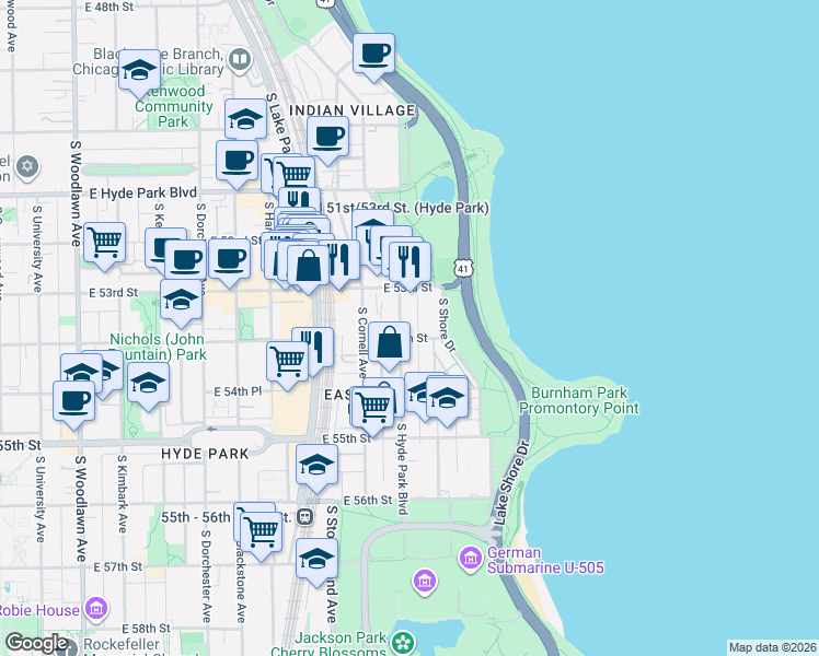 map of restaurants, bars, coffee shops, grocery stores, and more near 5337 South Hyde Park Boulevard in Chicago
