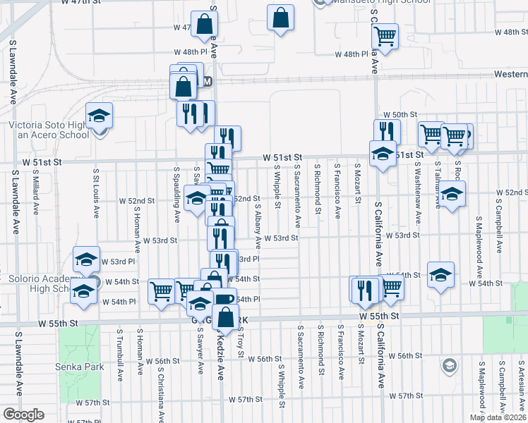 map of restaurants, bars, coffee shops, grocery stores, and more near 5200 South Albany Avenue in Chicago