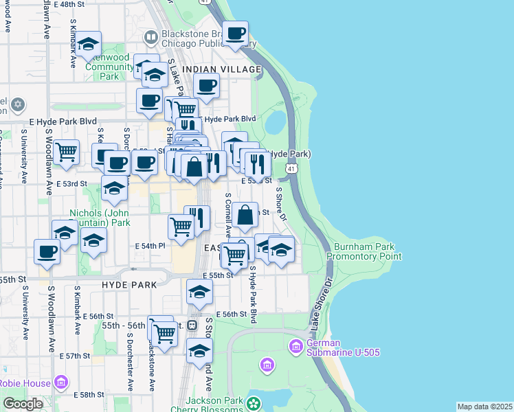 map of restaurants, bars, coffee shops, grocery stores, and more near 5337 South Hyde Park Boulevard in Chicago