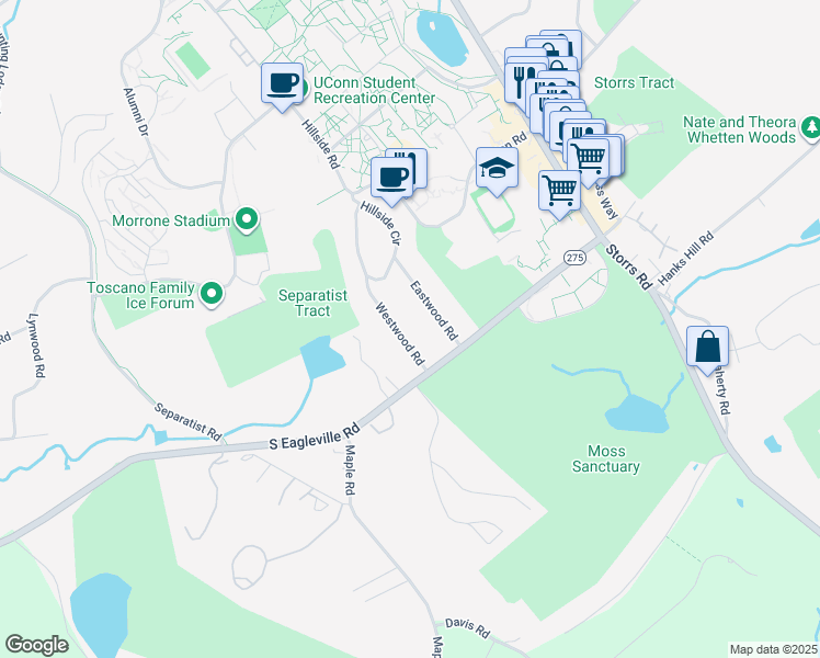 map of restaurants, bars, coffee shops, grocery stores, and more near 10 Westwood Road in Mansfield