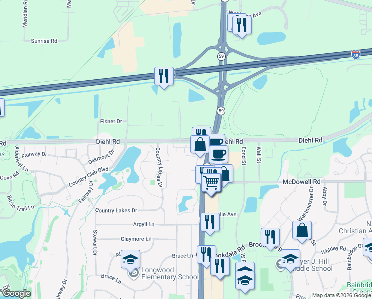 map of restaurants, bars, coffee shops, grocery stores, and more near 2017 West Diehl Road in Naperville
