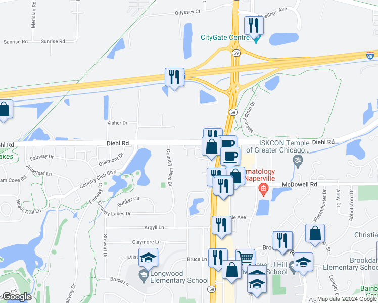 map of restaurants, bars, coffee shops, grocery stores, and more near 2034 Alta Vista Court in Naperville
