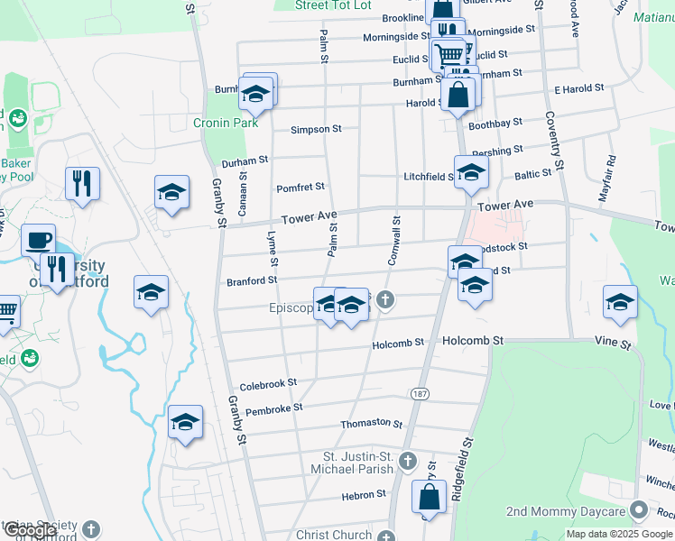 map of restaurants, bars, coffee shops, grocery stores, and more near 115 Manchester Street in Hartford