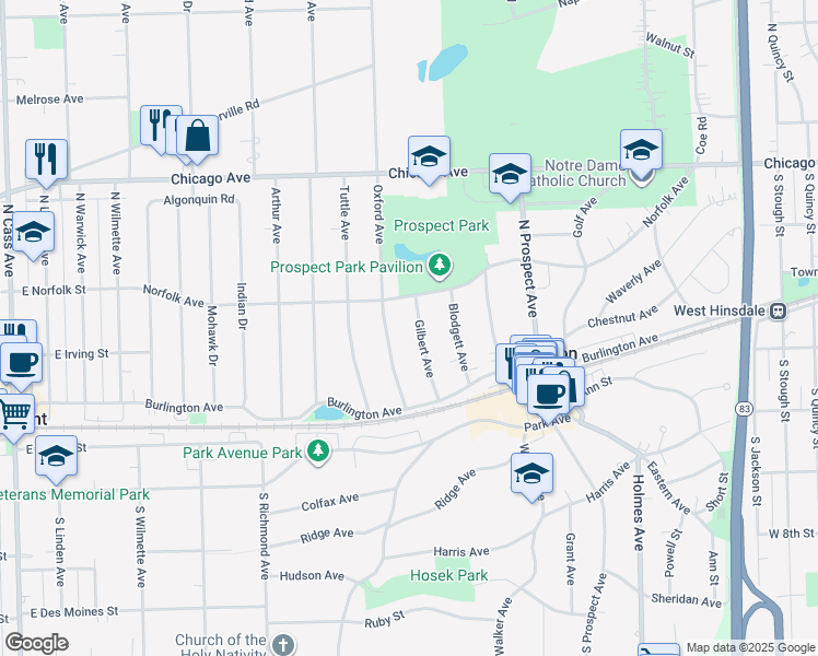map of restaurants, bars, coffee shops, grocery stores, and more near 34 Gilbert Avenue in Clarendon Hills