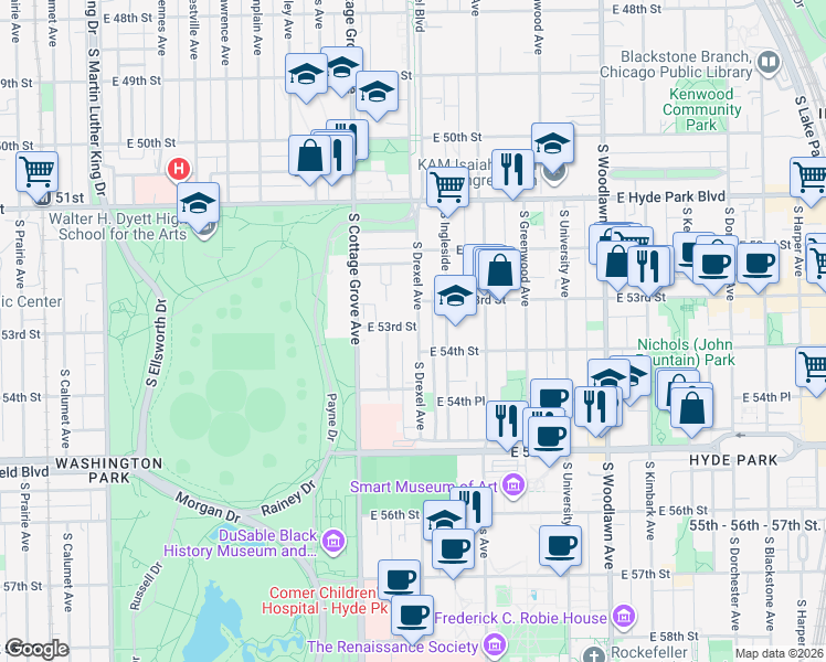 map of restaurants, bars, coffee shops, grocery stores, and more near 5300 South Drexel Avenue in Chicago