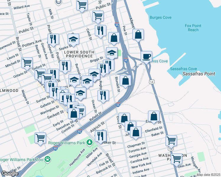 map of restaurants, bars, coffee shops, grocery stores, and more near 3 Applegate Lane in Providence