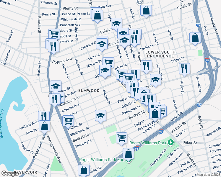 map of restaurants, bars, coffee shops, grocery stores, and more near 47 Atlantic Avenue in Providence