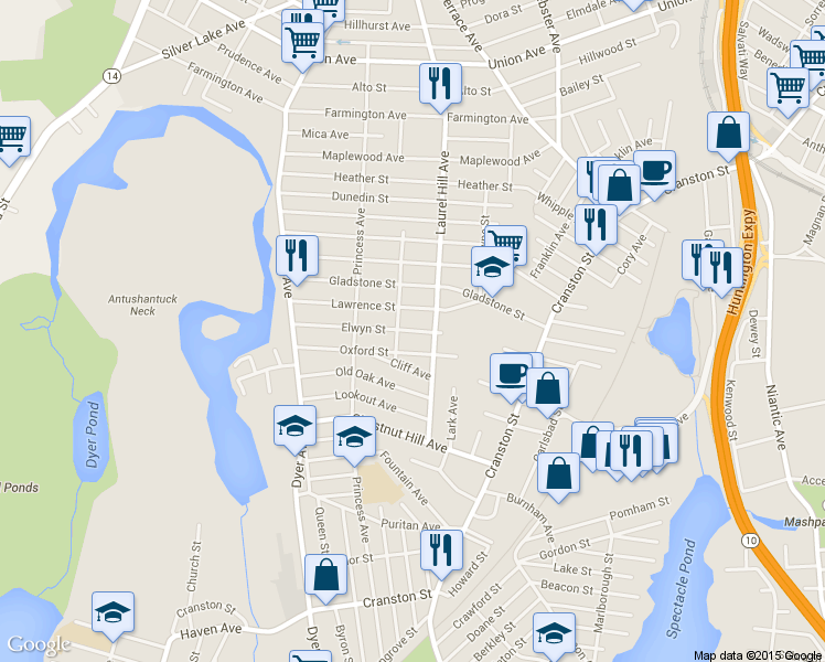 map of restaurants, bars, coffee shops, grocery stores, and more near 547 Laurel Hill Avenue in Cranston