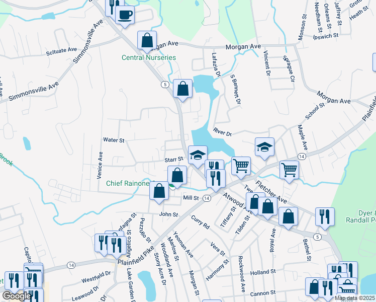 map of restaurants, bars, coffee shops, grocery stores, and more near 985 Atwood Avenue in Johnston