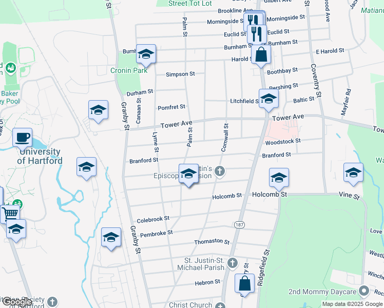 map of restaurants, bars, coffee shops, grocery stores, and more near 115 Manchester Street in Hartford