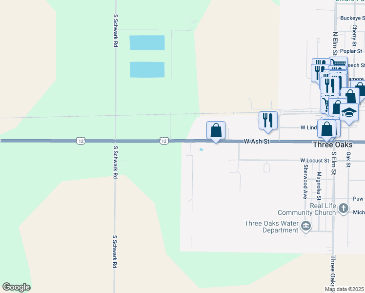 map of restaurants, bars, coffee shops, grocery stores, and more near 6986 U.S. 12 in Three Oaks