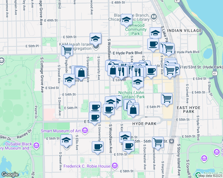 map of restaurants, bars, coffee shops, grocery stores, and more near 5312 South Woodlawn Avenue in Chicago