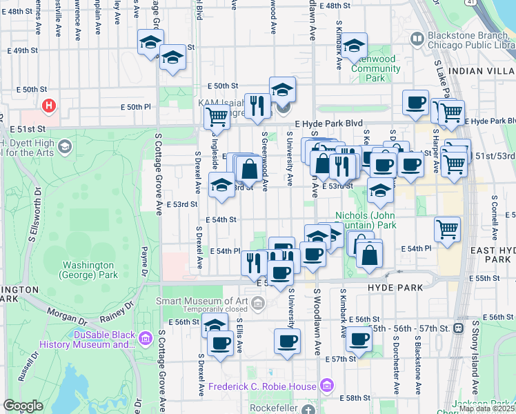 map of restaurants, bars, coffee shops, grocery stores, and more near 5312 South Greenwood Avenue in Chicago