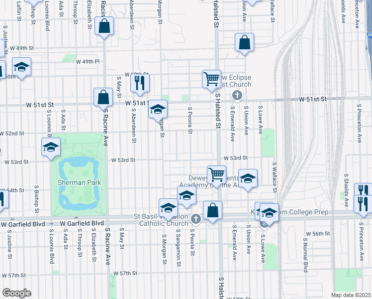 map of restaurants, bars, coffee shops, grocery stores, and more near 5222 South Peoria Street in Chicago