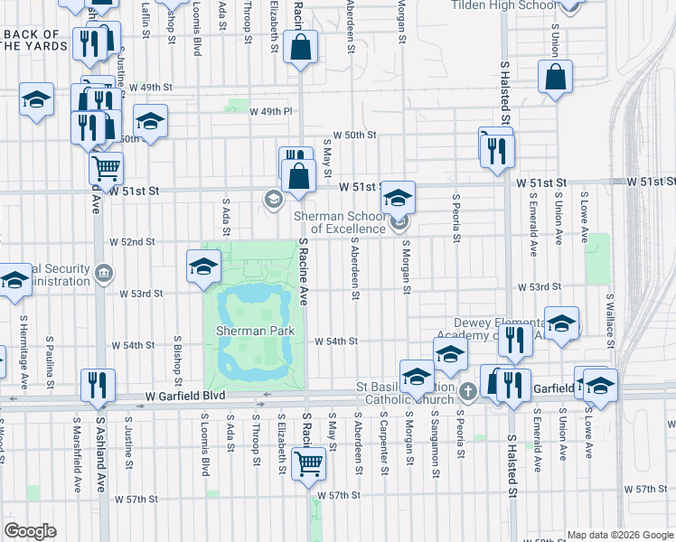 map of restaurants, bars, coffee shops, grocery stores, and more near 5220 South May Street in Chicago