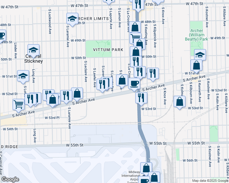 map of restaurants, bars, coffee shops, grocery stores, and more near 5142 South Laporte Avenue in Chicago