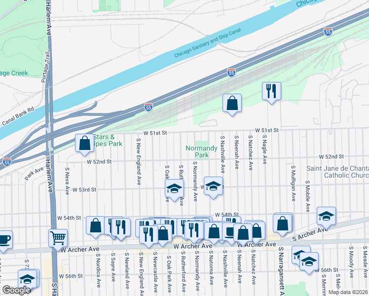 map of restaurants, bars, coffee shops, grocery stores, and more near 5113 South Rutherford Avenue in Chicago