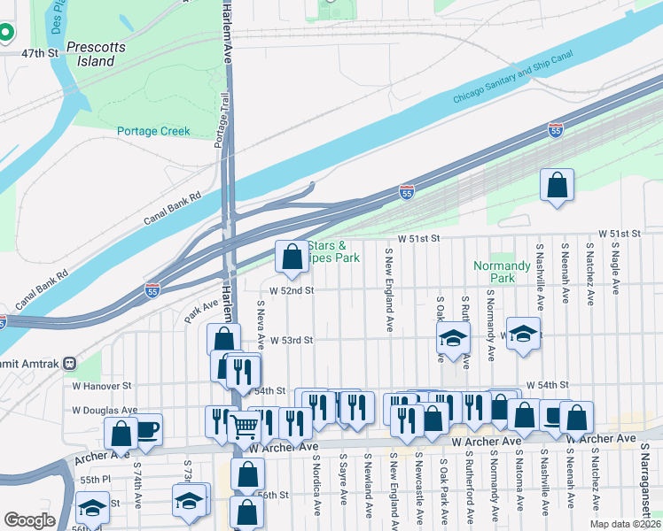 map of restaurants, bars, coffee shops, grocery stores, and more near 5111 South Sayre Avenue in Chicago
