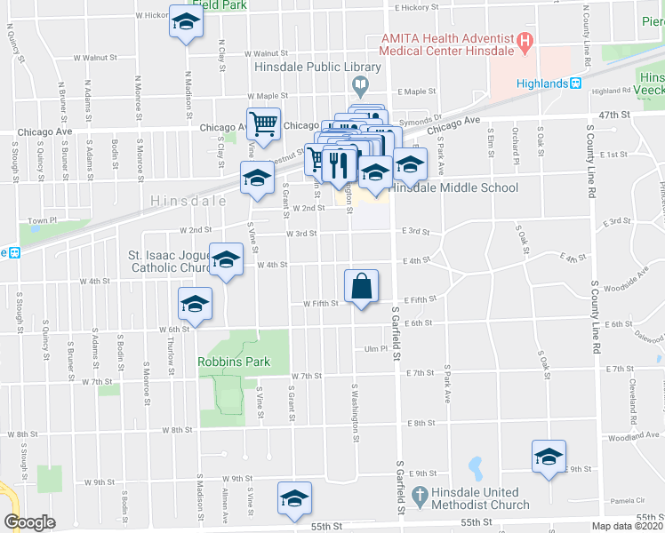 map of restaurants, bars, coffee shops, grocery stores, and more near 323 South Lincoln Street in Hinsdale