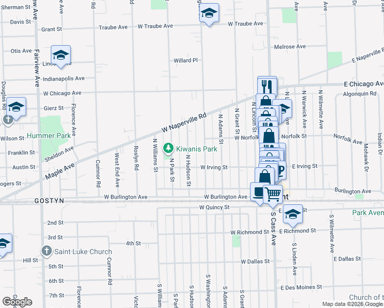 map of restaurants, bars, coffee shops, grocery stores, and more near 130 North Hudson Street in Westmont
