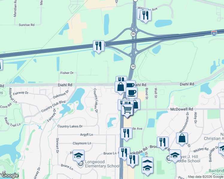 map of restaurants, bars, coffee shops, grocery stores, and more near 2017 West Diehl Road in Naperville